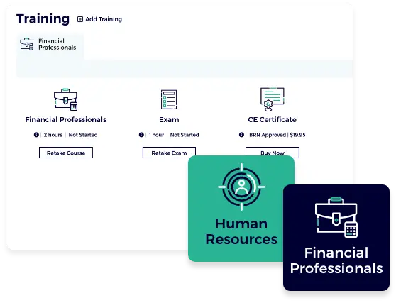 Image of the MRT course page along with icons for Human Resources and Financail Professionals.