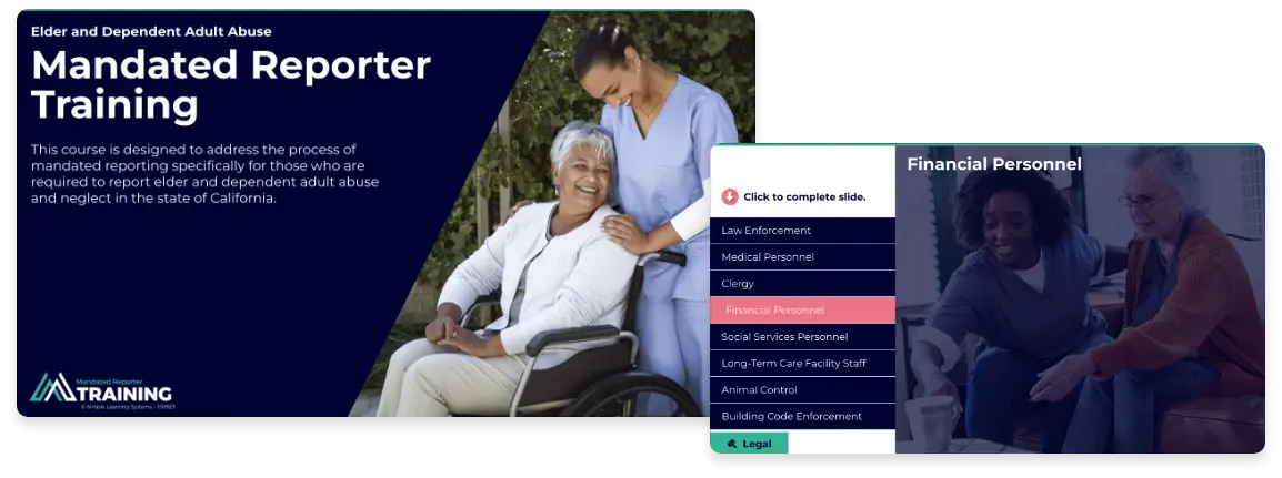 Screen captures from the MRT courseware for Elder and Dependent Adult Abuse.