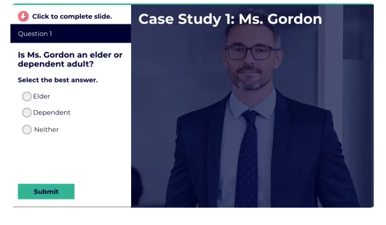 A screen grab from the MRT Elder Abuse coursware showing the slide for Case Study 1.