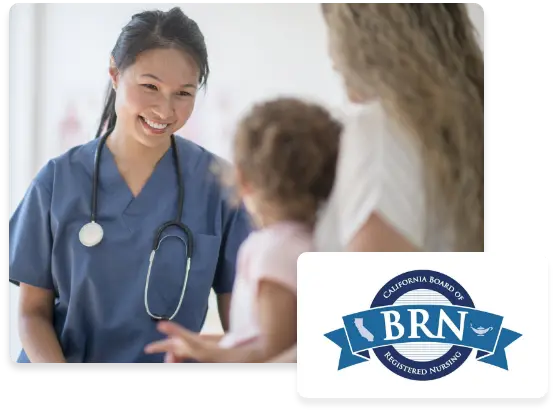 A logo for Board of Registered Nurses is in the foreground. In the background is an image of a female nurse smiling at a mother and child.