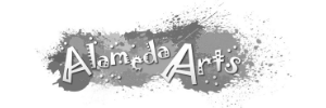The Alameda Arts logo. Brand name is written in quirky font on a paint splatter background.