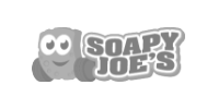 A smiling sponge with wheels next to the text 'Soapy Joe's.'