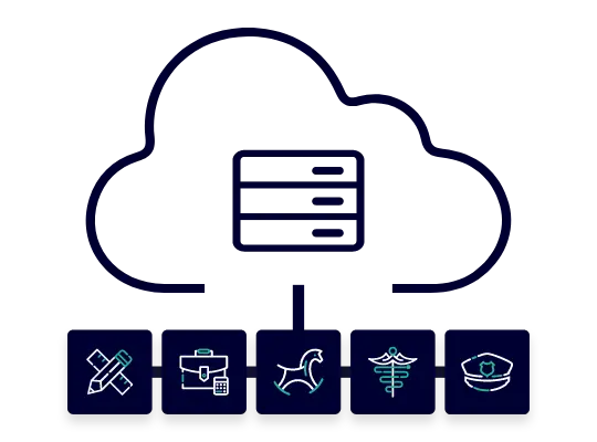 A dark blue stylized icon of a cloud above icons representing 5 courses from MandatedReporterTraining.com.