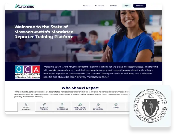 A screenshot of the Massachusetts page on the MandatedReporterTraining.com website, with the seal of the state of Massachusetts in the foreground.
