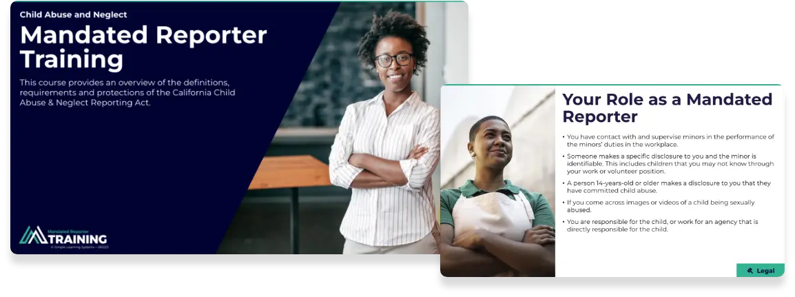 Two screenshots from the MandatedReporterTraining.com courseware side by side, each featuring an image of a professional next to educational text.