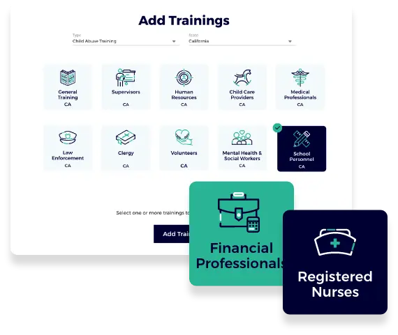 A screenshot of the courseware selection screen at MandatedReporterTraining.com. The school personnel, financial professionals, and registered nurses courses are highlighted.