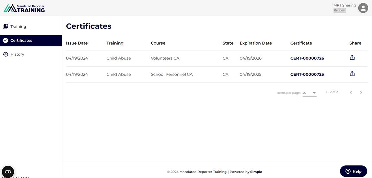 A screen capture of The Mandated Reporter Training Platform shows the “Certificates” tab.