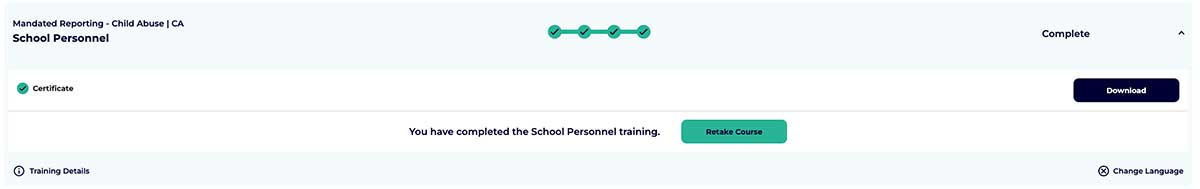 A screen capture shows a completed School Personnel course. The “Download” button is highlighted.