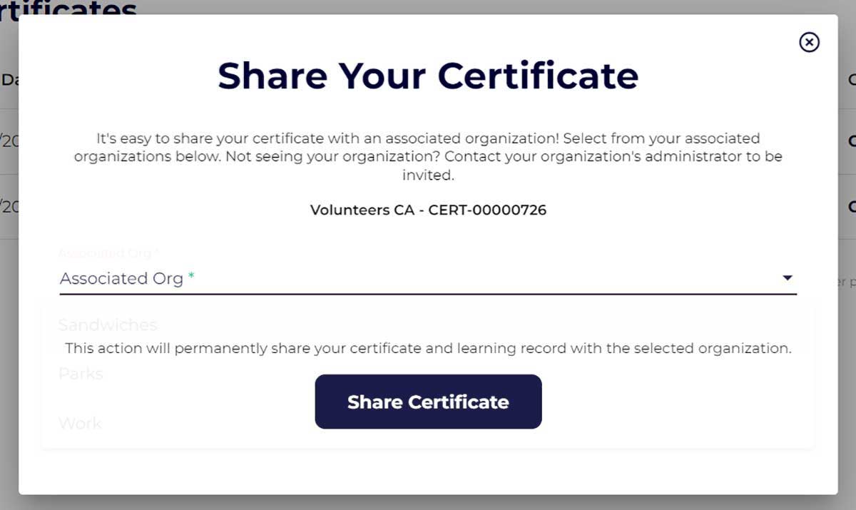 A screenshot of The Mandated Reporter Training Platform shows the “Share Your Certificate” window.