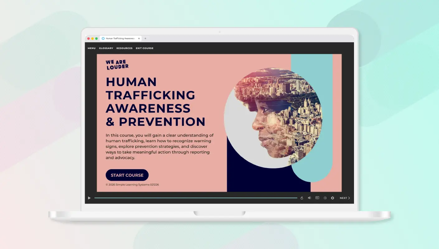 Image of the Human Trafficking Awareness & Prevention training displaying on a laptop against a soft-colored background.