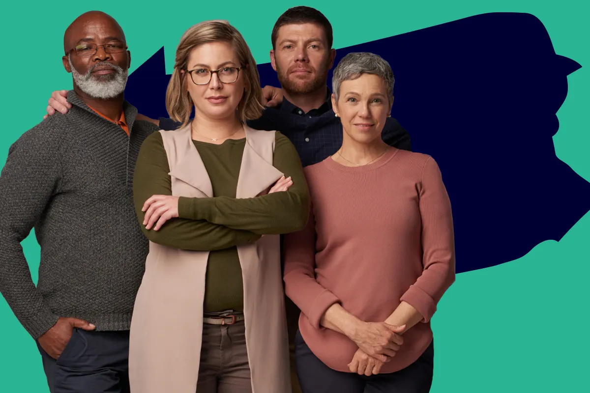 A diverse group of mandated reporters stands in front of a silhouette of the state of Pennsylvania.