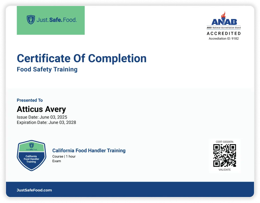An image of the Certificate of Completion that is rewarded upon completion of California Food Handler Training.