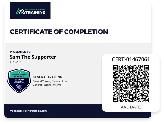 A sample training certificate from the Mandated Reporter Training platform.