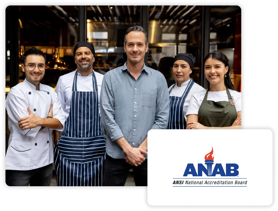 The staff of a restaurant smiling at the camera, next to the logo for ANAB (ANSI National Accreditation Board). 