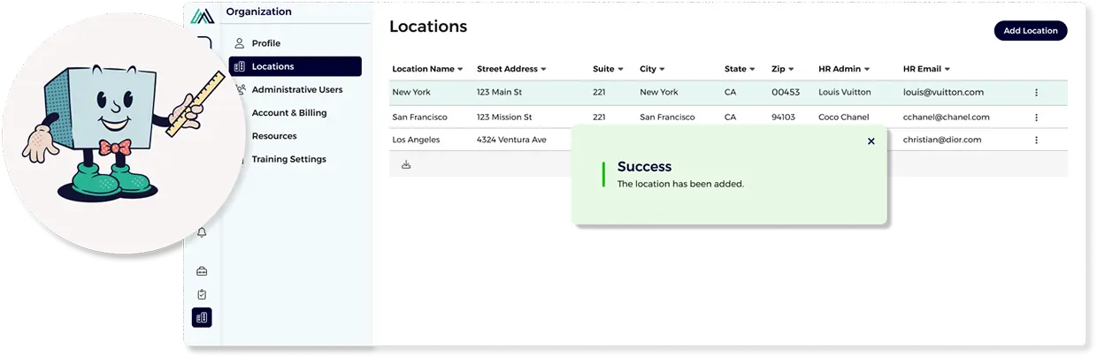 A screenshot of someone adding a new location to their Mandated Reporter Training account.
