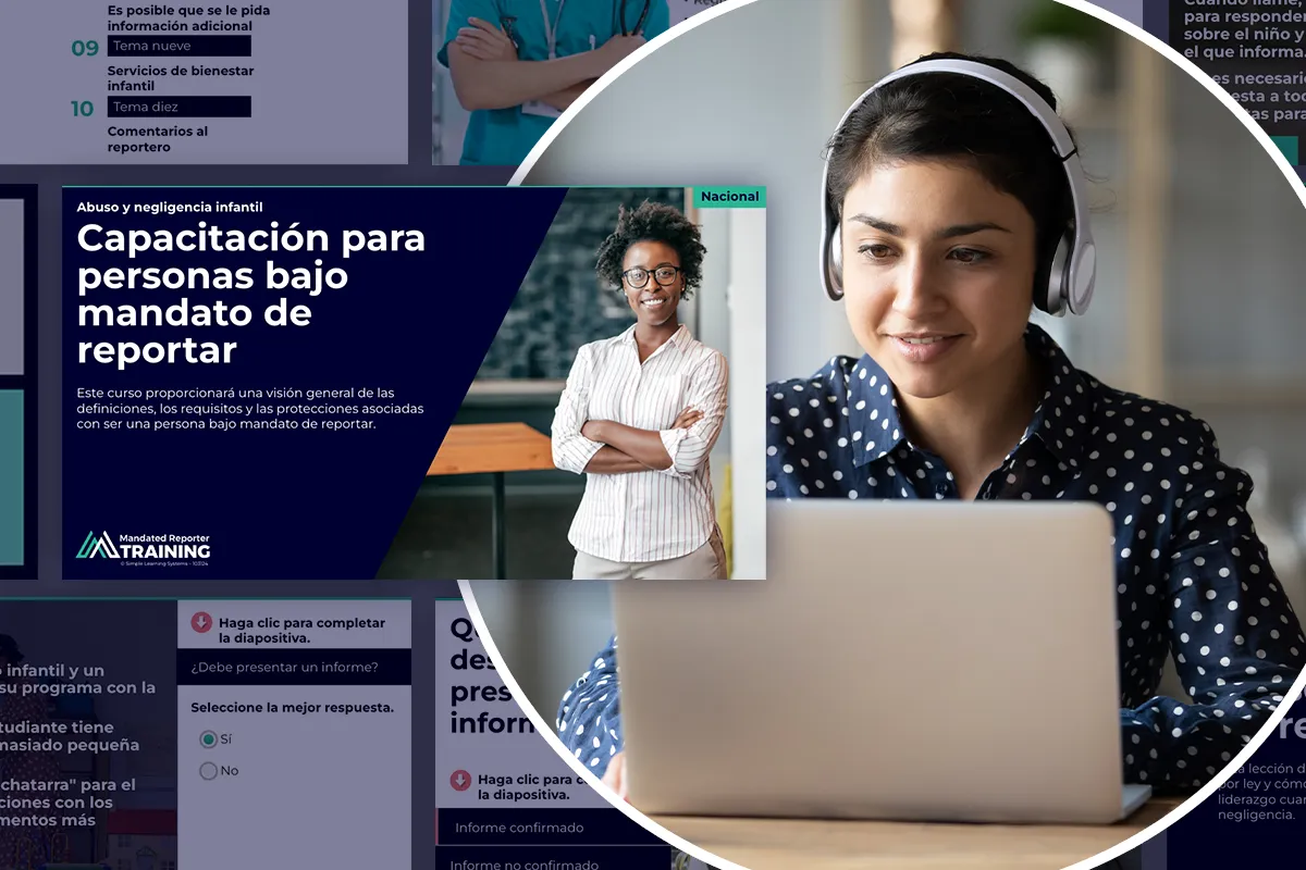 Image of a learner taking Mandated Reporter training in Spanish against a background of sample images from the Spanish-launguage course.